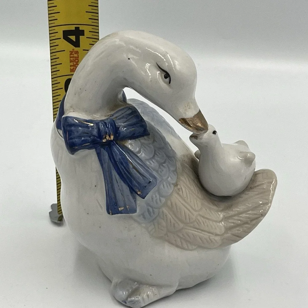 Vintage Mother Goose Porcelain Duck & Duckling Ceramic Figure Love Gold Blue